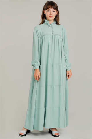 Frilly Collar Waist Belt Dress Water Green - 2