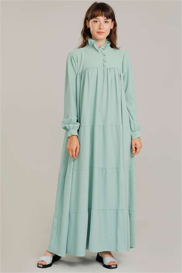 Frilly Collar Waist Belt Dress Water Green - 2