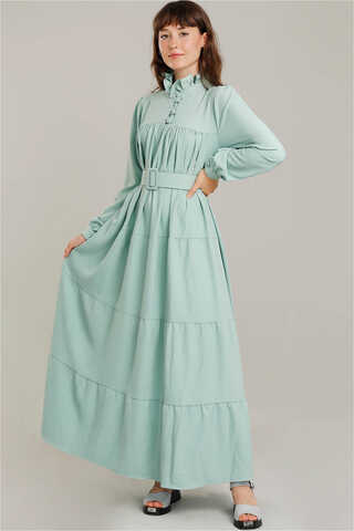 Frilly Collar Waist Belt Dress Water Green - 1