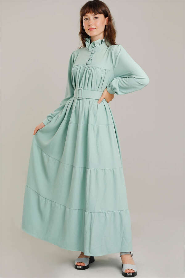 Frilly Collar Waist Belt Dress Water Green - 1