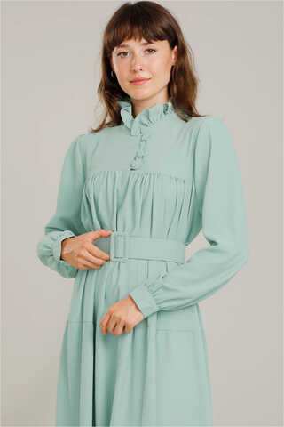 Frilly Collar Waist Belt Dress Water Green - 3