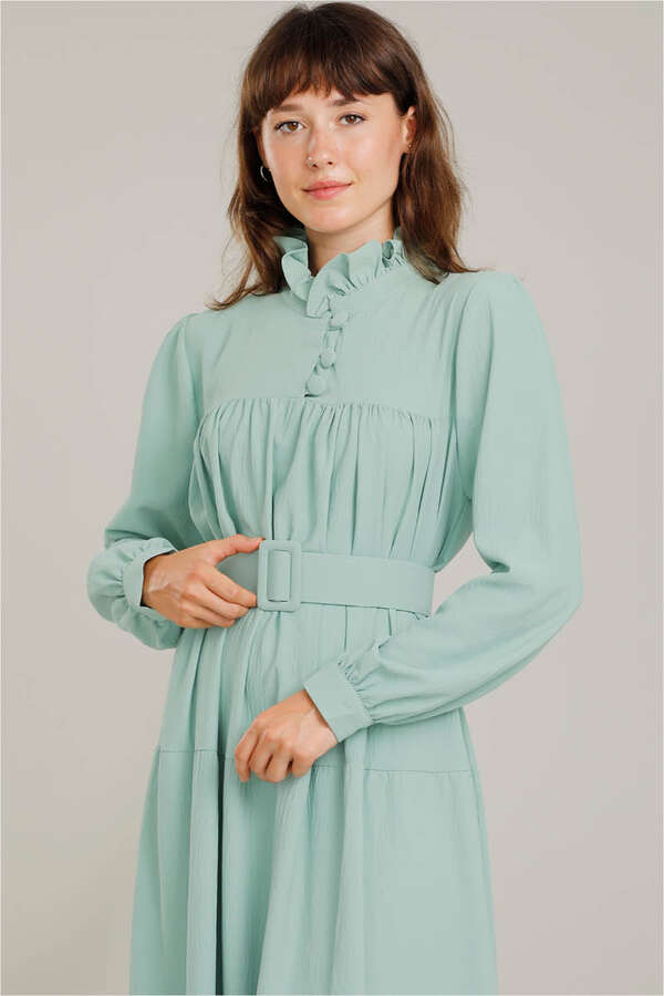 Frilly Collar Waist Belt Dress Water Green - 3