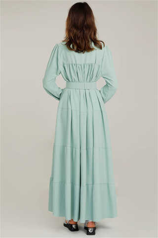 Frilly Collar Waist Belt Dress Water Green - 4