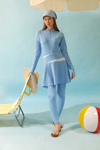 Contrast Panel Swim Skirt Baby Blue - 2