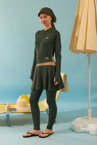 Contrast Panel Swim Skirt Khaki - 5