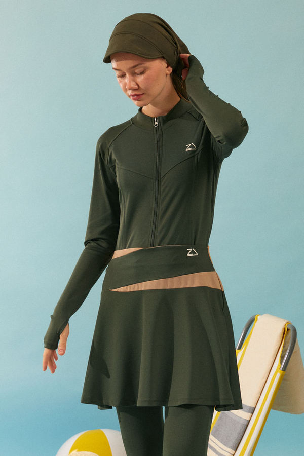 Contrast Panel Swim Skirt Khaki - 2