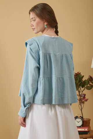 Contrast Stitch Muslin Blouse Baby Blue - 12