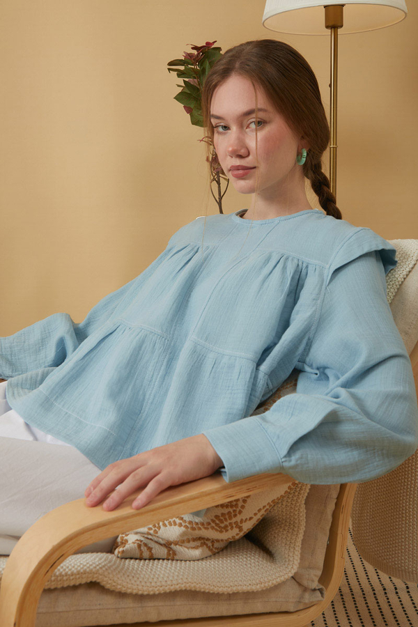 Contrast Stitch Muslin Blouse Baby Blue - 6