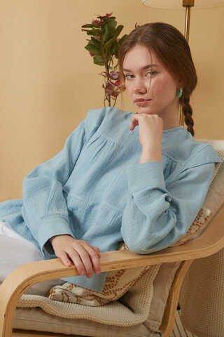 Contrast Stitch Muslin Blouse Baby Blue - 1