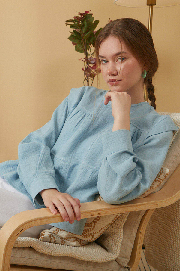Contrast Stitch Muslin Blouse Baby Blue - 1