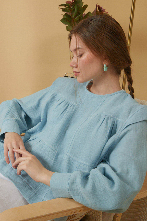 Contrast Stitch Muslin Blouse Baby Blue - 5