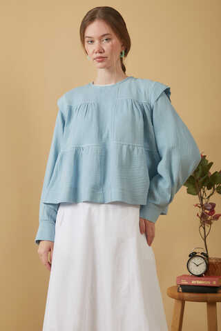 Contrast Stitch Muslin Blouse Baby Blue - 2