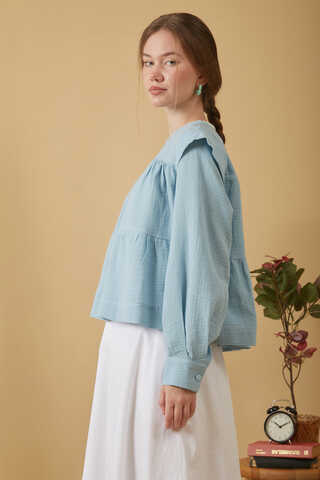 Contrast Stitch Muslin Blouse Baby Blue - 9