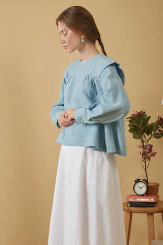Contrast Stitch Muslin Blouse Baby Blue - 10