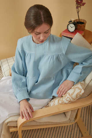 Contrast Stitch Muslin Blouse Baby Blue - 8