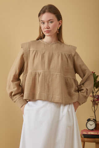 Contrast Stitch Muslin Blouse Beige - 1