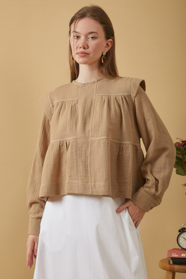 Contrast Stitch Muslin Blouse Beige - 4