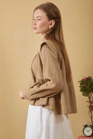 Contrast Stitch Muslin Blouse Beige - 8