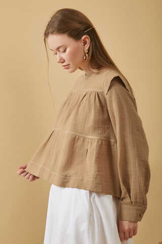 Contrast Stitch Muslin Blouse Beige - 9