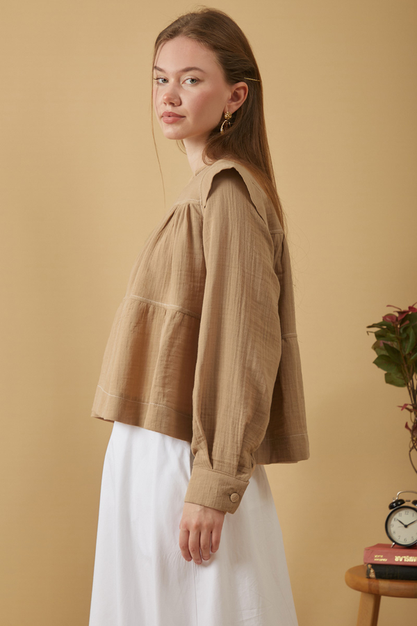 Contrast Stitch Muslin Blouse Beige - 7