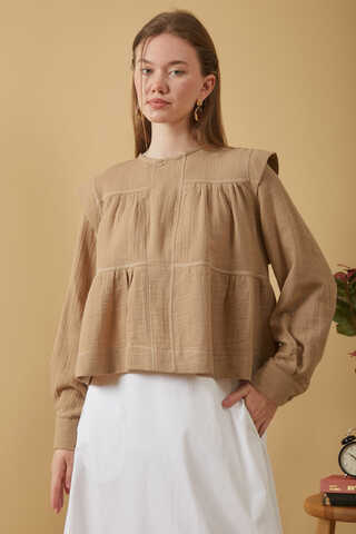 Contrast Stitch Muslin Blouse Beige - 4