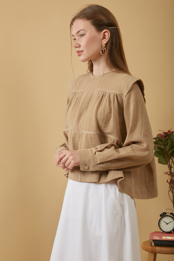 Contrast Stitch Muslin Blouse Beige - 6