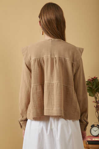 Contrast Stitch Muslin Blouse Beige - 10
