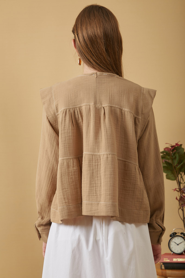 Contrast Stitch Muslin Blouse Beige - 10