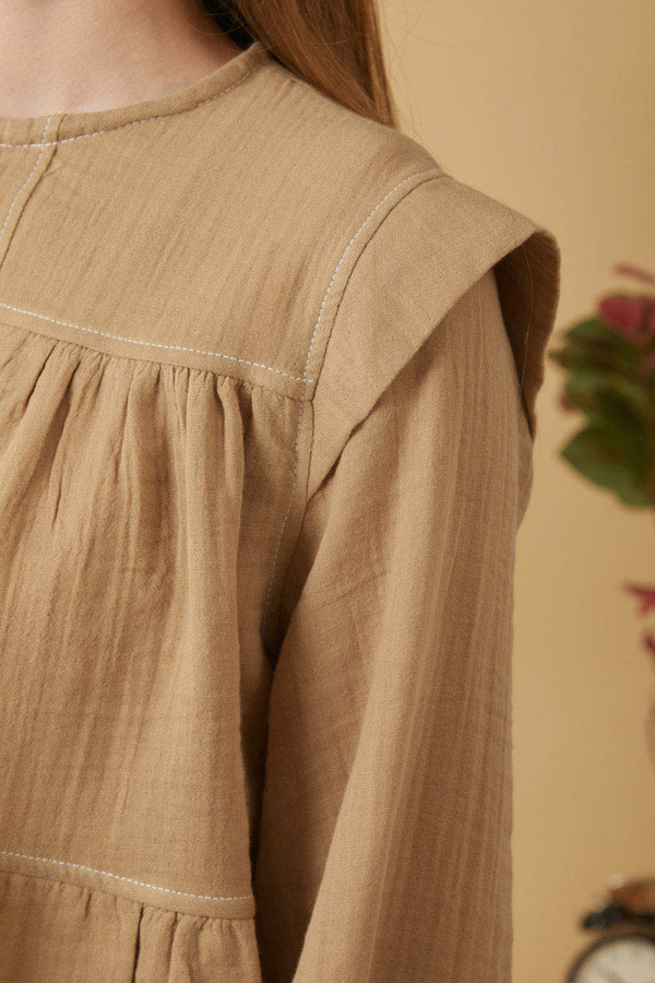 Contrast Stitch Muslin Blouse Beige - 5