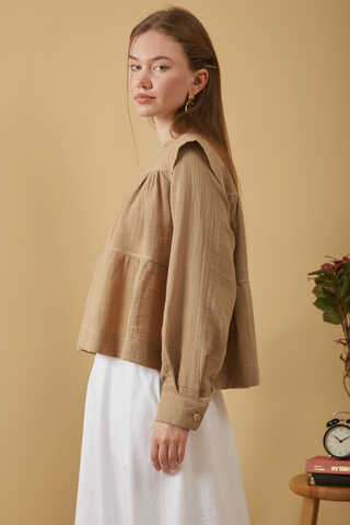 Contrast Stitch Muslin Blouse Beige - 7