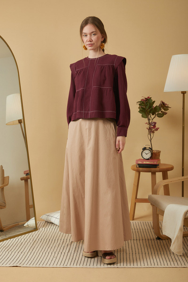 Contrast Stitch Muslin Blouse Burgundy - 1