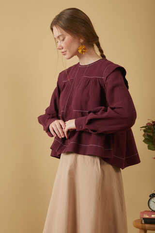 Contrast Stitch Muslin Blouse Burgundy - 3
