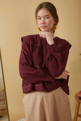 Contrast Stitch Muslin Blouse Burgundy - 5