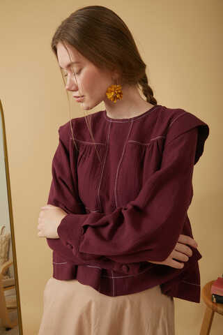 Contrast Stitch Muslin Blouse Burgundy - 6