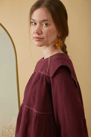Contrast Stitch Muslin Blouse Burgundy - 7