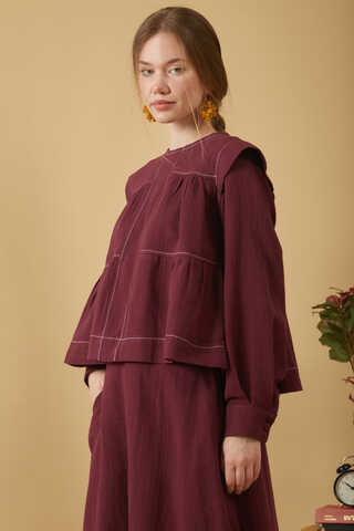 Contrast Stitch Muslin Blouse Burgundy - 10