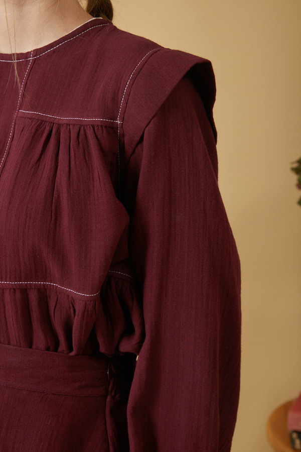 Contrast Stitch Muslin Blouse Burgundy - 12