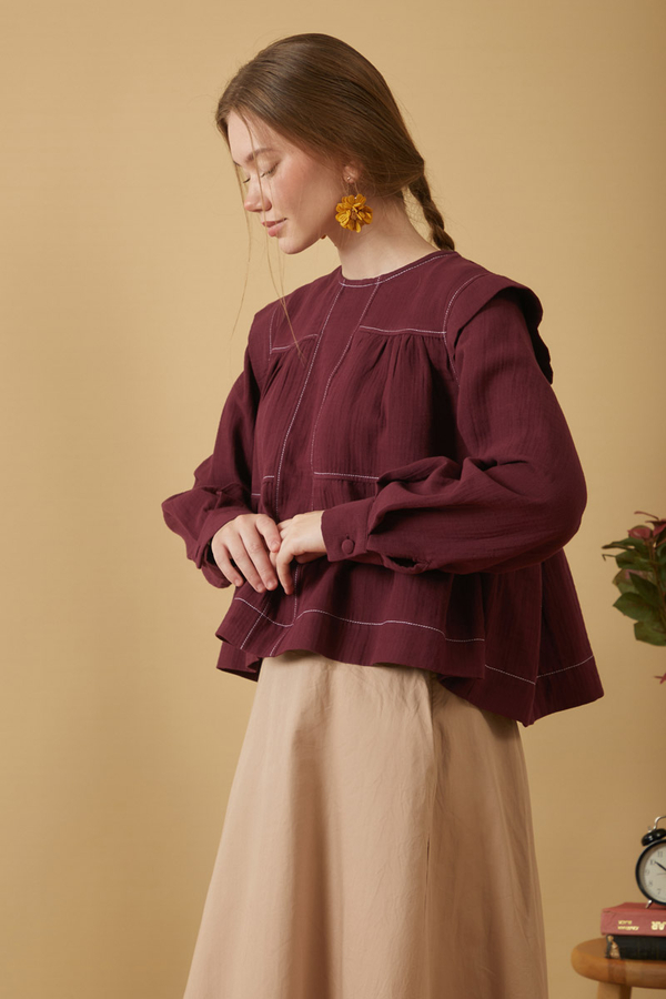 Contrast Stitch Muslin Blouse Burgundy - 3