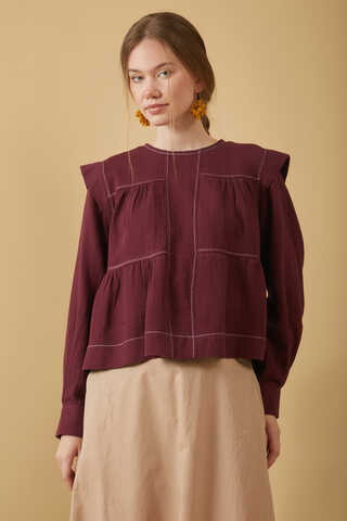 Contrast Stitch Muslin Blouse Burgundy - 4