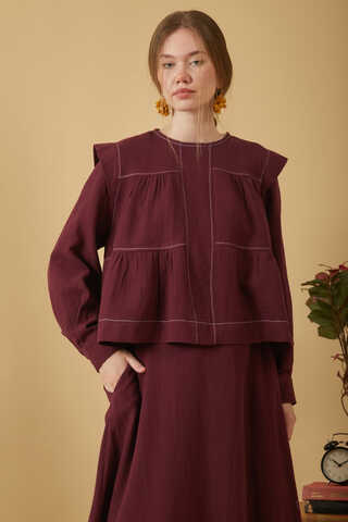 Contrast Stitch Muslin Blouse Burgundy - 9
