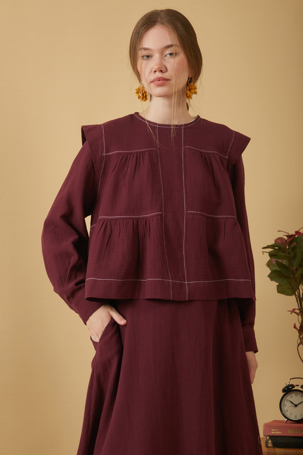 Contrast Stitch Muslin Blouse Burgundy - 9