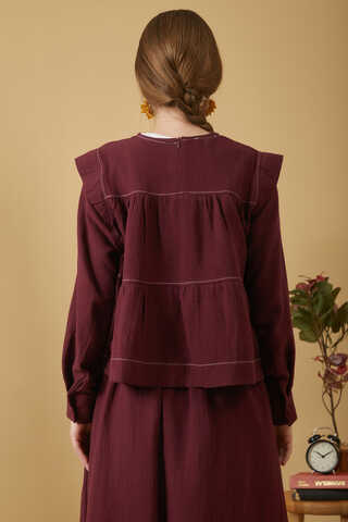Contrast Stitch Muslin Blouse Burgundy - 11