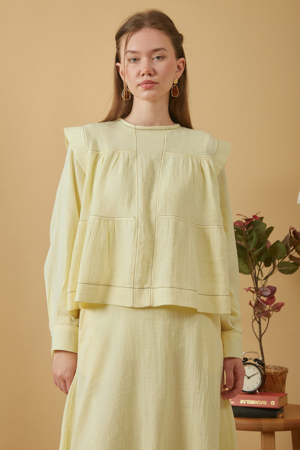 Contrast Stitch Muslin Blouse Butter Yellow - 12