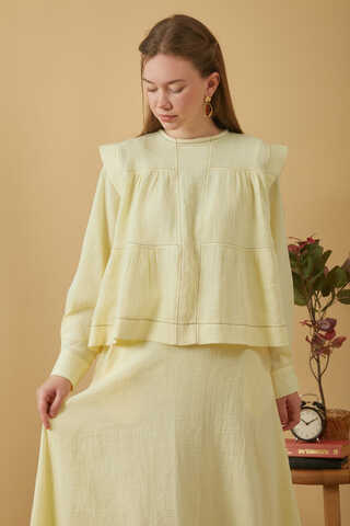 Contrast Stitch Muslin Blouse Butter Yellow - 2