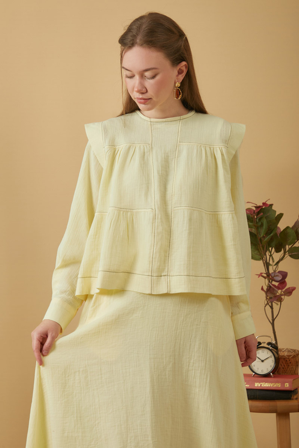 Contrast Stitch Muslin Blouse Butter Yellow - 2