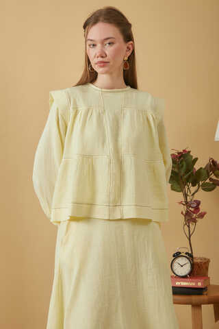 Contrast Stitch Muslin Blouse Butter Yellow - 1
