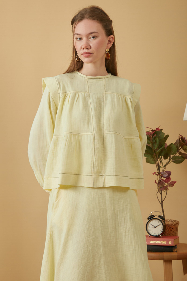 Contrast Stitch Muslin Blouse Butter Yellow - 1