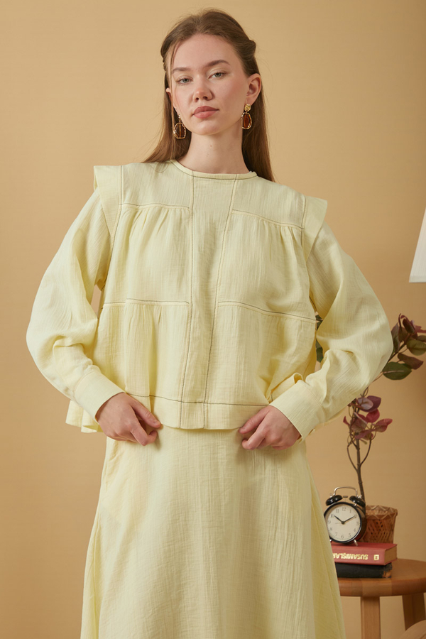 Contrast Stitch Muslin Blouse Butter Yellow - 6