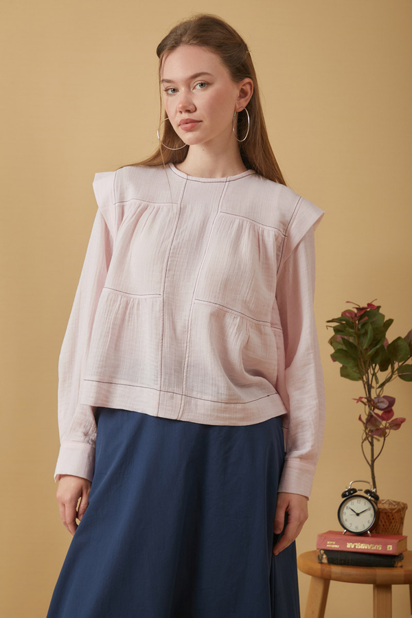 Contrast Stitch Muslin Blouse Powder Pink - 1