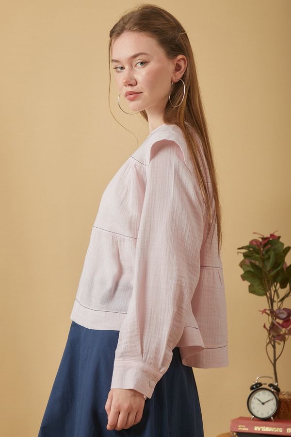 Contrast Stitch Muslin Blouse Powder Pink - 6